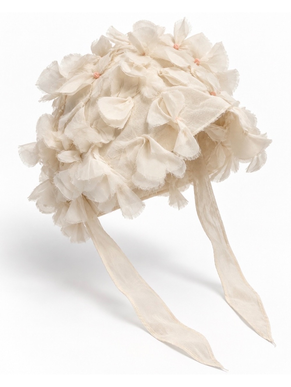 Vintage Mid Century Ivory Organza Floral Petal Bonnet Hat Ribbon Tie Headpiece